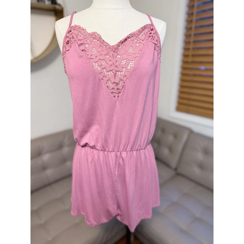 Victoria's Secret Lace Trim Romper Mauve Pink Sleeveless Sleepwear NWT